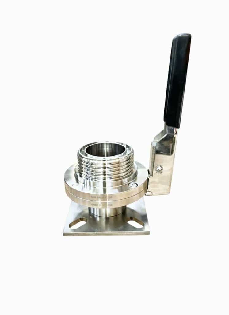 Raccord en acier inoxydable avec filetage interne et levier de serrage noir, monté sur une plaque de base carrée. Texte gravé : 'MADE IN TAIWAN 122008' et 'AISI316L DN50'.