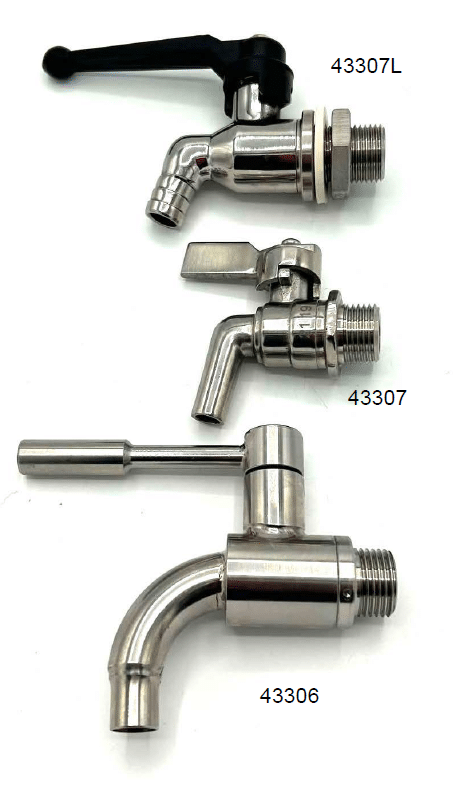 Trois robinets à boisseau sphérique en acier inoxydable, modèles 43307L (poignée noire), 43307 (poignée levier plate) et 43306 (poignée tige longue), avec sorties cannelées ou filetées.