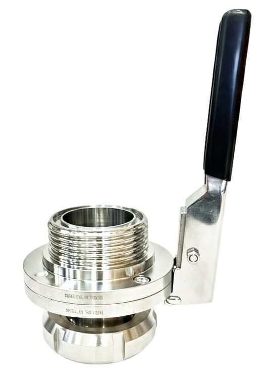 Vanne papillon sanitaire en acier inoxydable avec raccord fileté Mâle-Femelle et poignée noire. Inscription visible : 