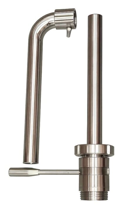 Ensemble de pièces de distillation en acier inoxydable : un tuyau coudé avec raccord et une tige droite filetée avec poignée de vanne.