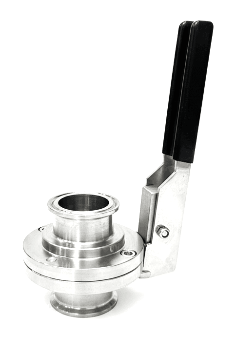 Vanne papillon sanitaire en acier inoxydable avec raccord Tri-Clamp et poignée noire à levier, vue sur fond blanc.