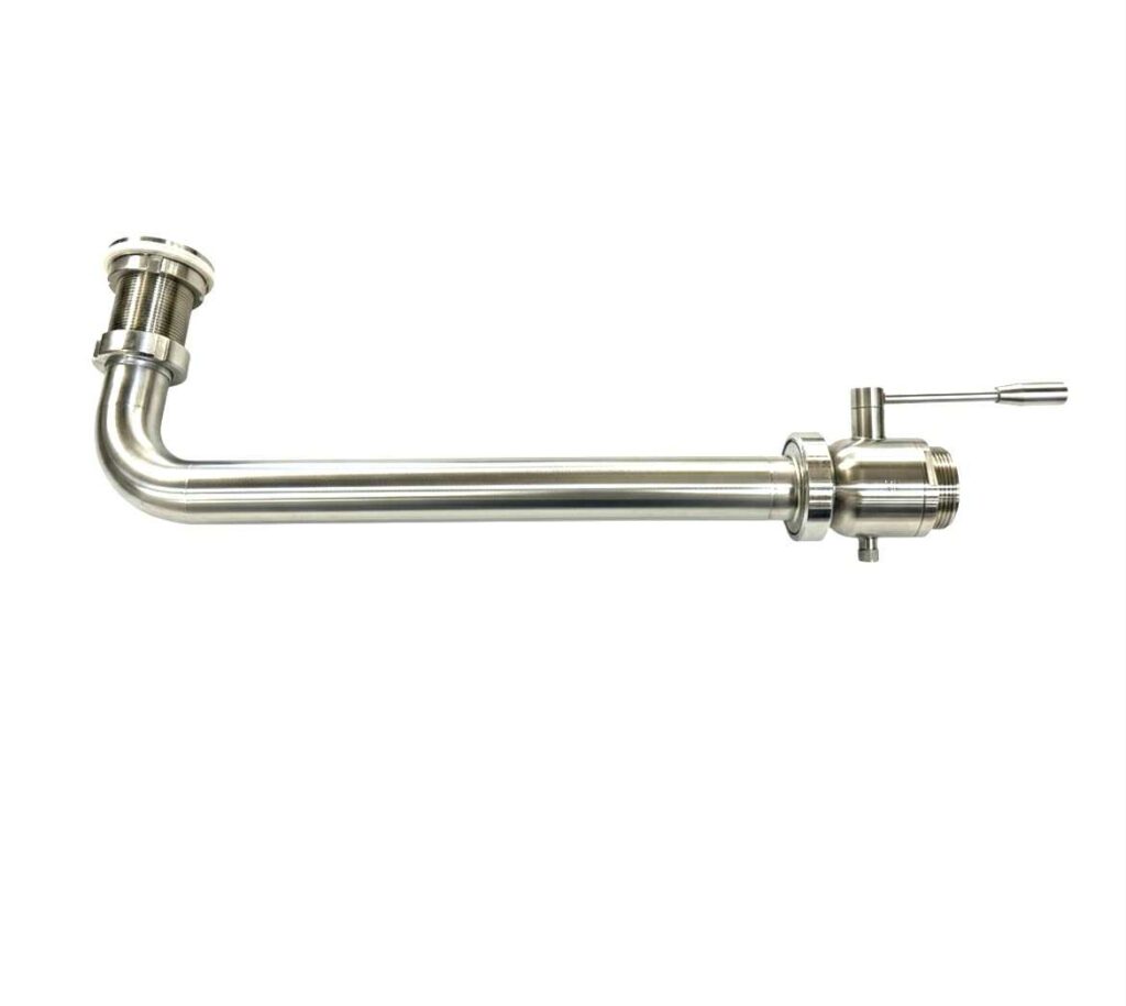 Robinet de soutirage sanitaire en acier inoxydable avec coude et poignée, conçu pour les cuves de brasserie.