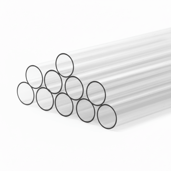 Pile de tubes transparents, probablement en verre ou plastique, alignés et empilés en formation triangulaire sur fond blanc.