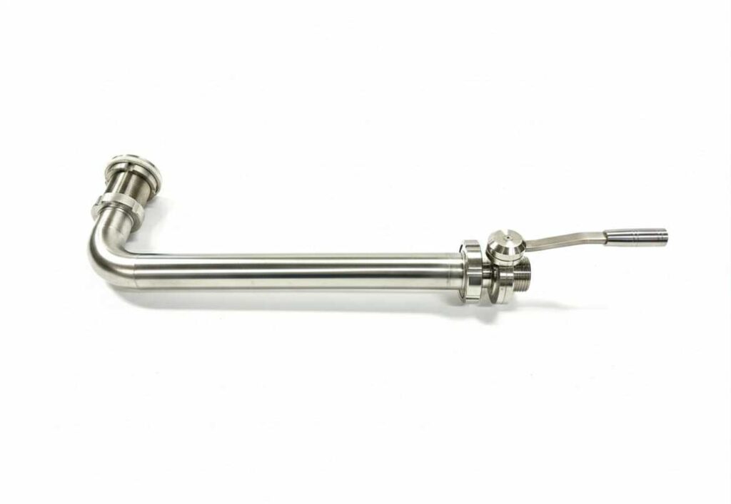Tuyau plongeur sanitaire en acier inoxydable avec raccord tri-clamp à une extrémité et vanne à levier à l'autre, idéal pour brasserie.